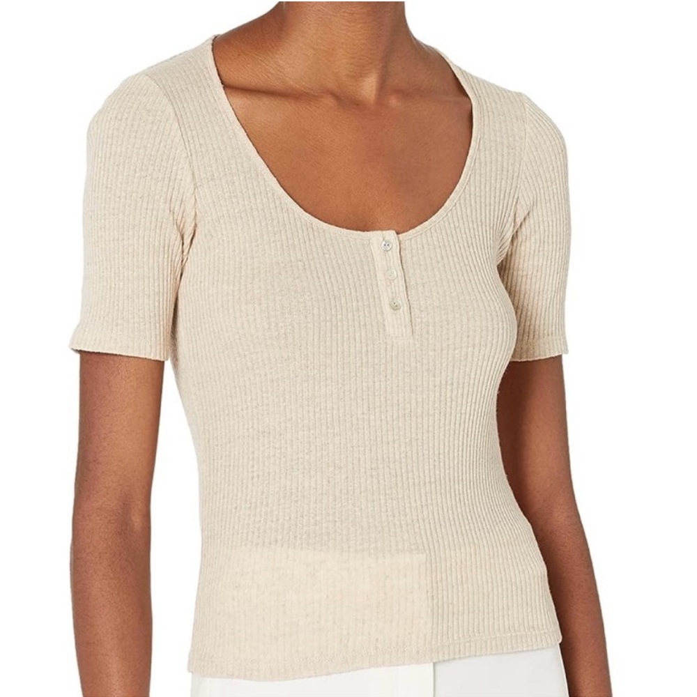 Vince Beige Ribbed Short Sleeve Linen Top